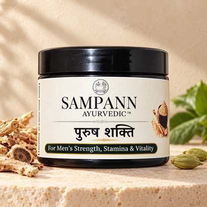 Purush Shakti jar beside botanical roots and cardamom