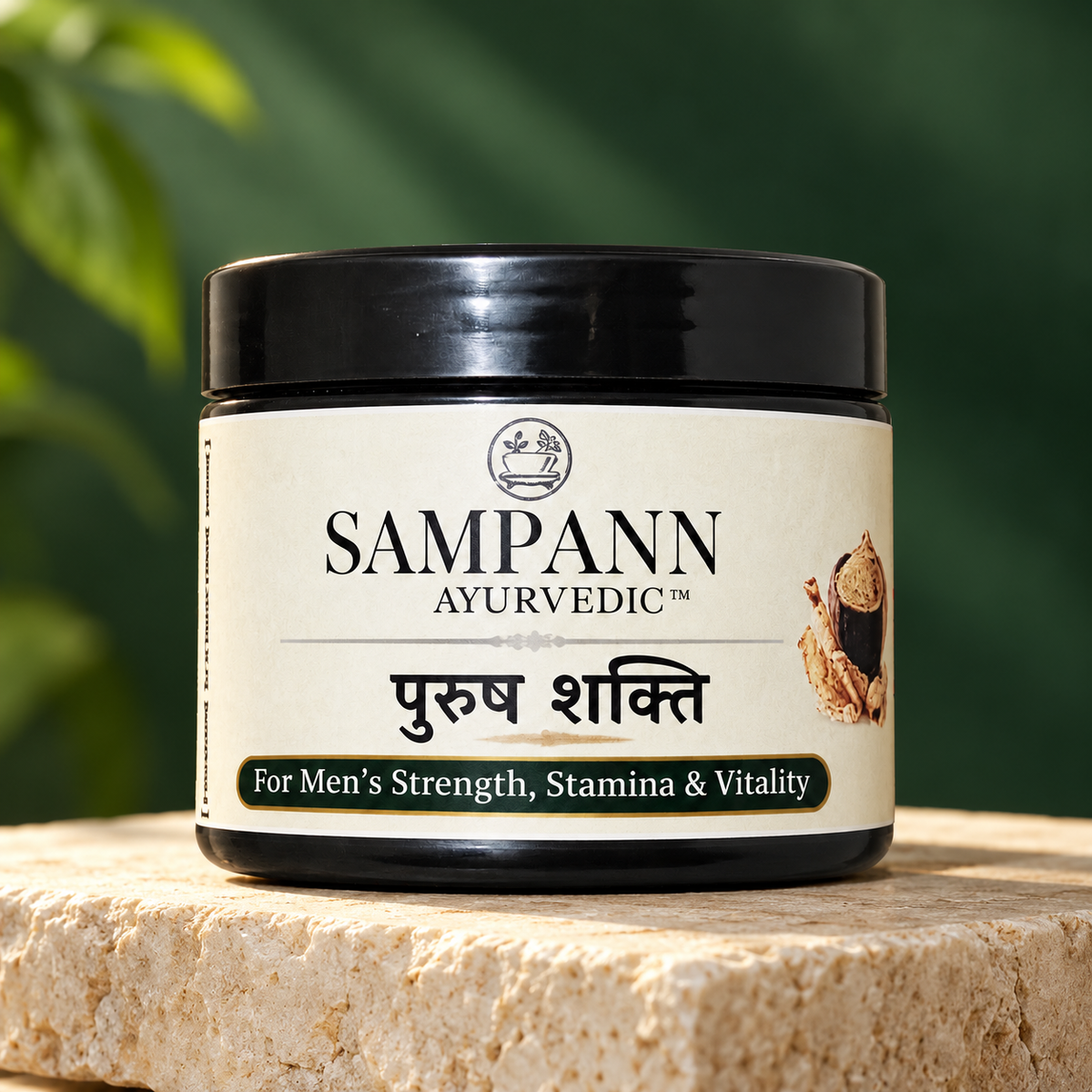 Purush Shakti jar on a limestone plinth with a forest green background