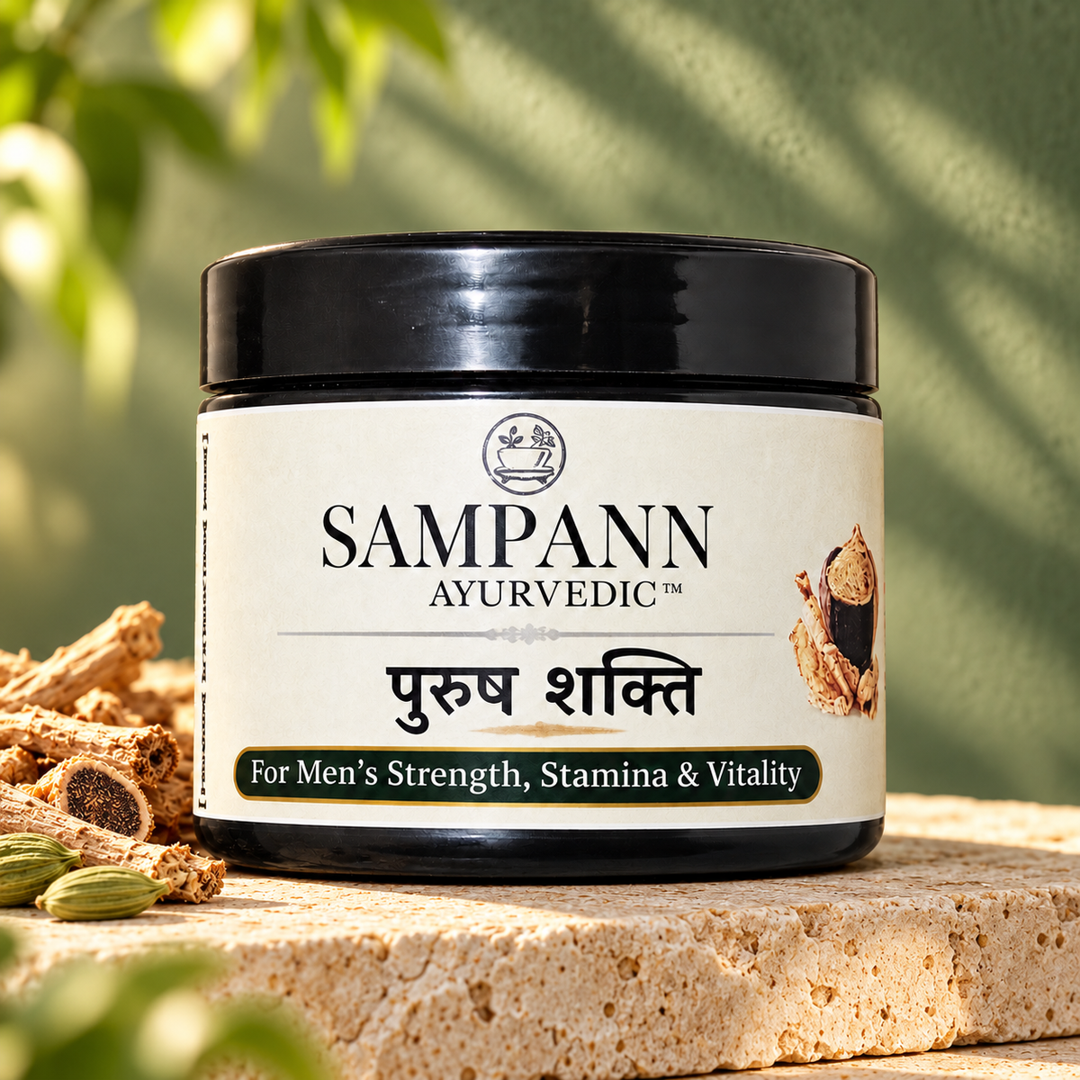 Sampann Ayurvedic Purush Shakti jar in a botanical studio setting